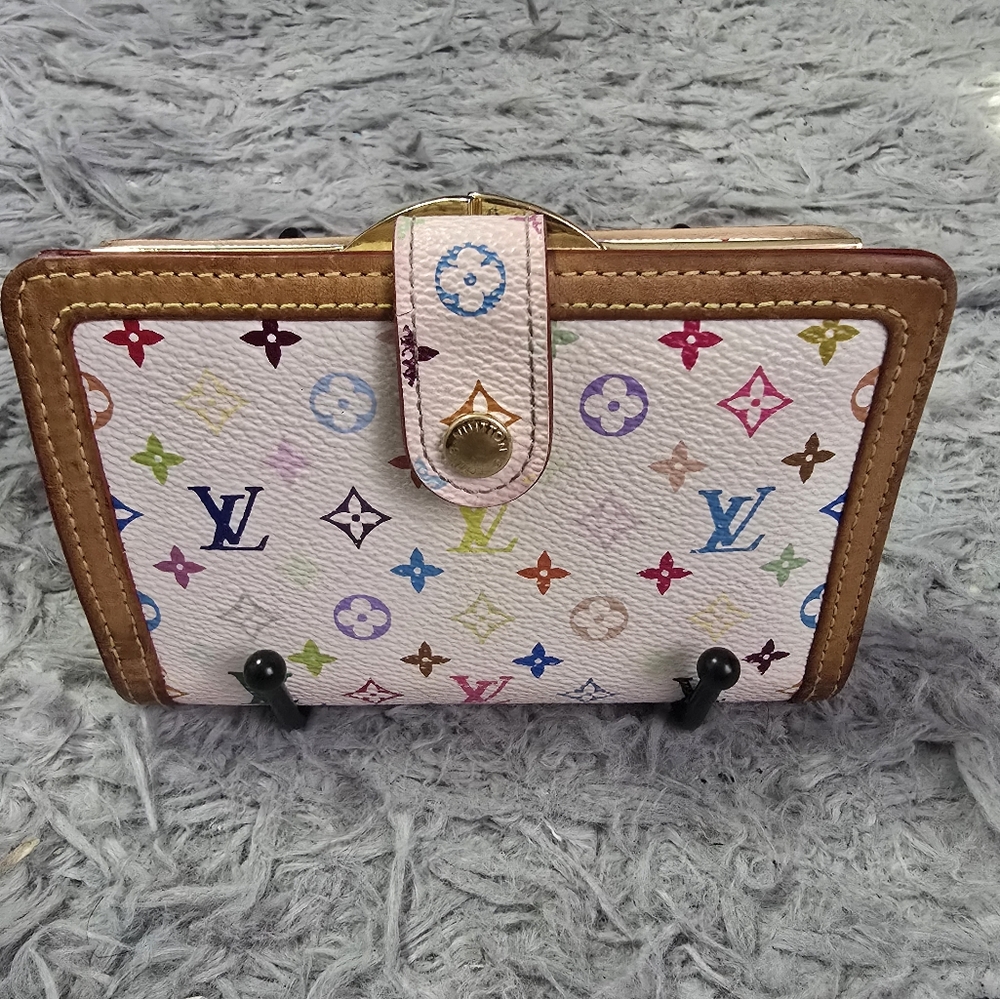 Louis Vuitton Multicolor Monogram White Wallet with Tan Trim